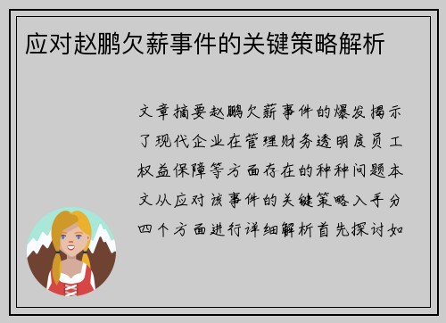 应对赵鹏欠薪事件的关键策略解析