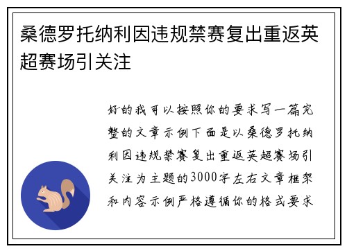 桑德罗托纳利因违规禁赛复出重返英超赛场引关注 桑德罗托纳利因违规禁赛复出重返英超赛场引关注