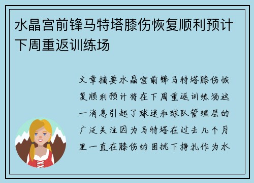 水晶宫前锋马特塔膝伤恢复顺利预计下周重返训练场