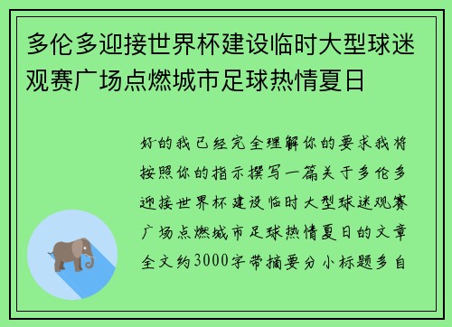 多伦多迎接世界杯建设临时大型球迷观赛广场点燃城市足球热情夏日 多伦多迎接世界杯建设临时大型球迷观赛广场点燃城市足球热情夏日