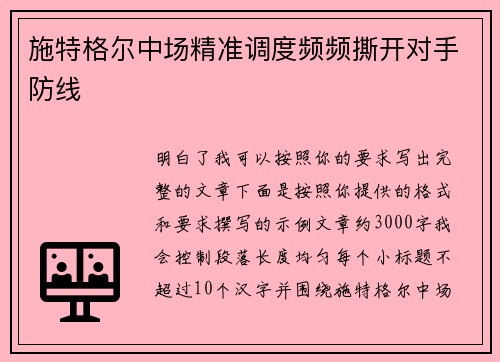 施特格尔中场精准调度频频撕开对手防线
